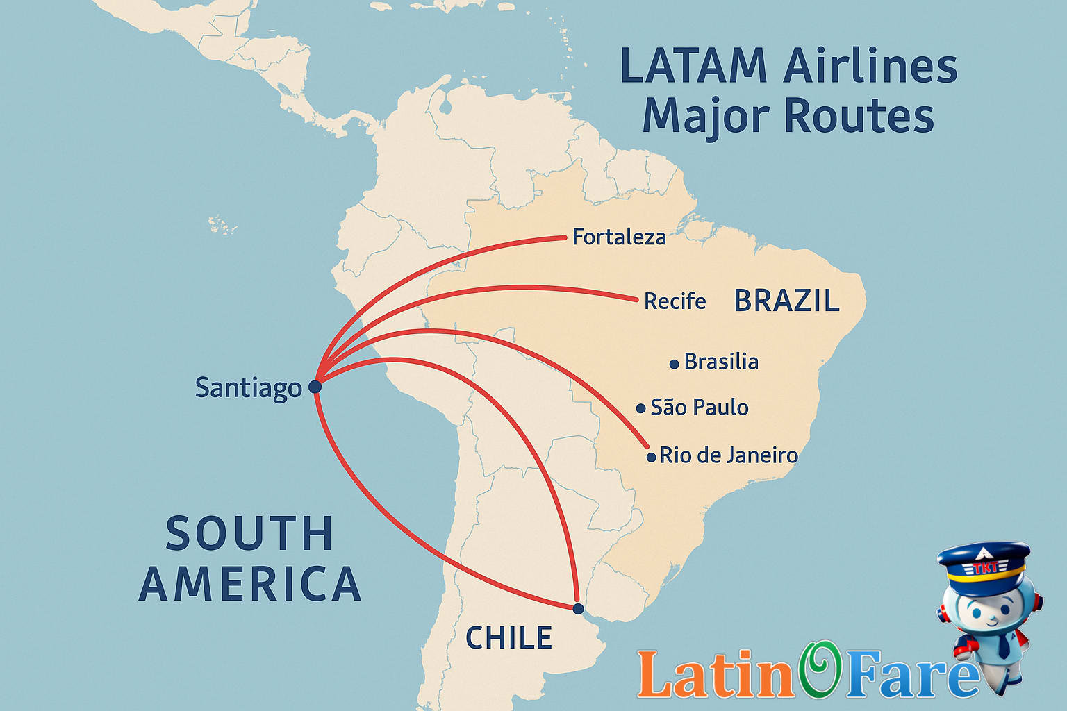 LATAM Airlines network map highlighting core South American routes and major hub cities.