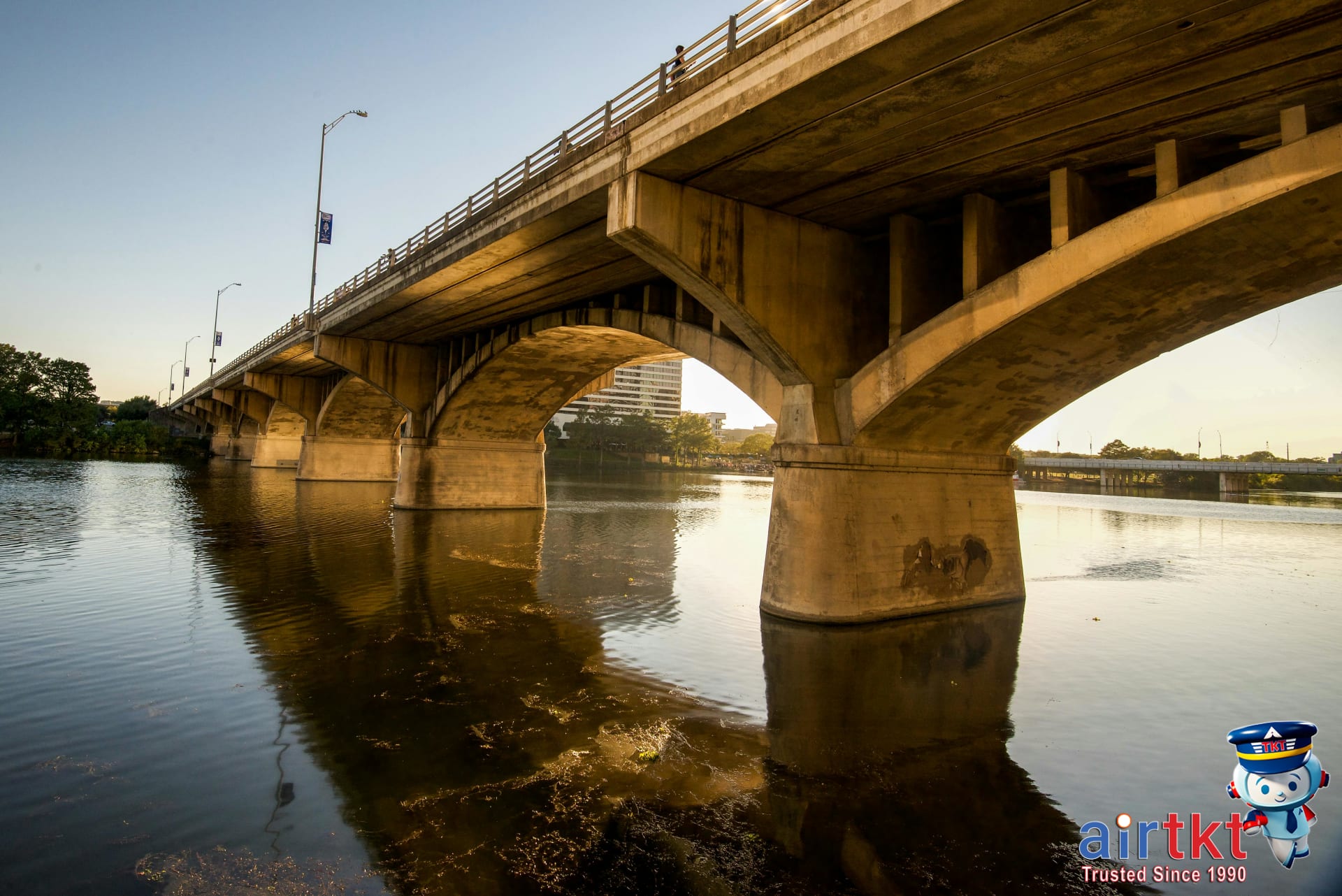 Bats flying over Congress Bridge at dusk in Austin Texas