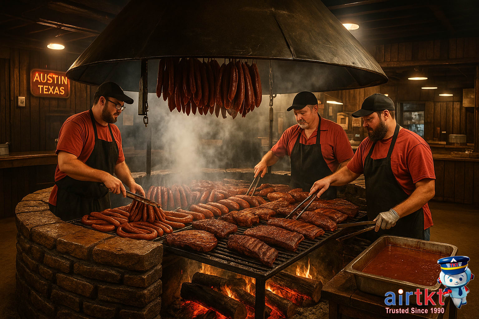 Chefs grilling BBQ at famous Austin Texas outdoor BBQ pit