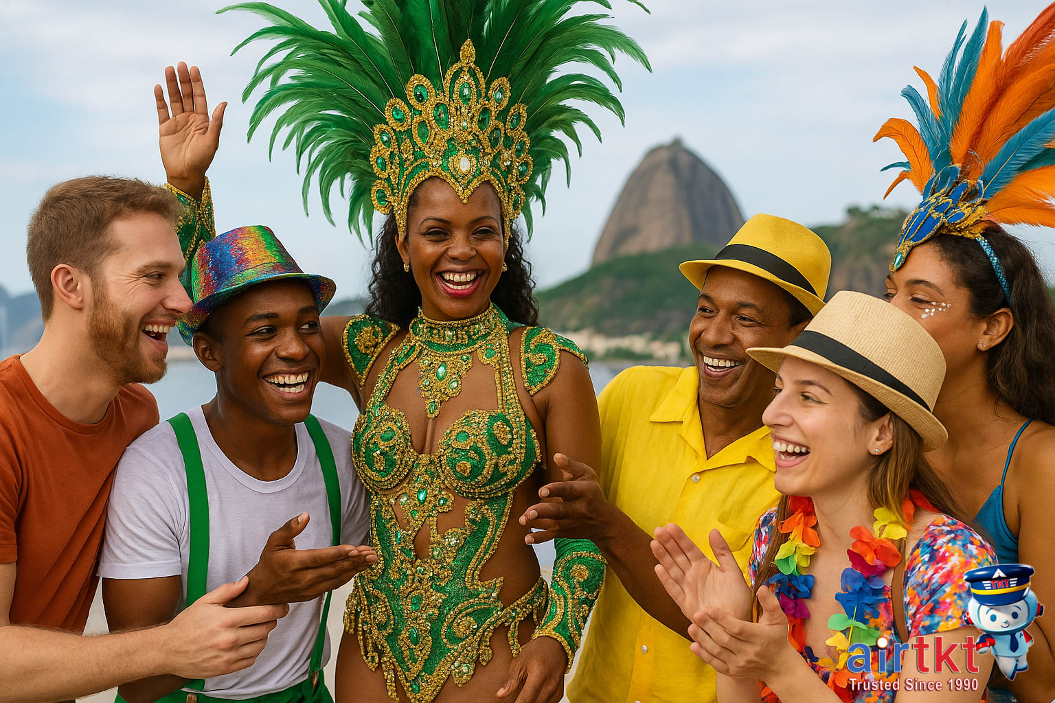 Tourists interacting with locals at Rio Carnival in friendly setting