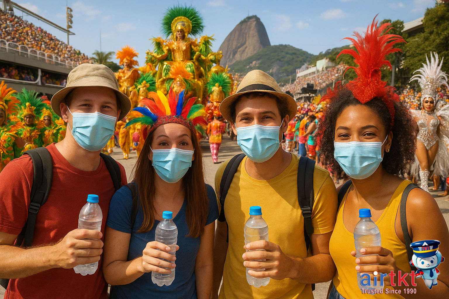 Tourists staying safe and hydrated at Rio Carnival wearing masks