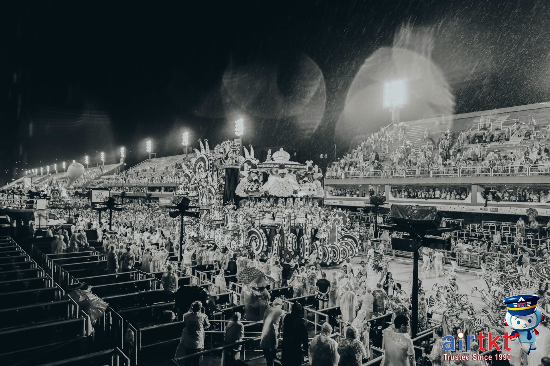 Crowded Sambadrome during Rio Carnival parade with vibrant spectators