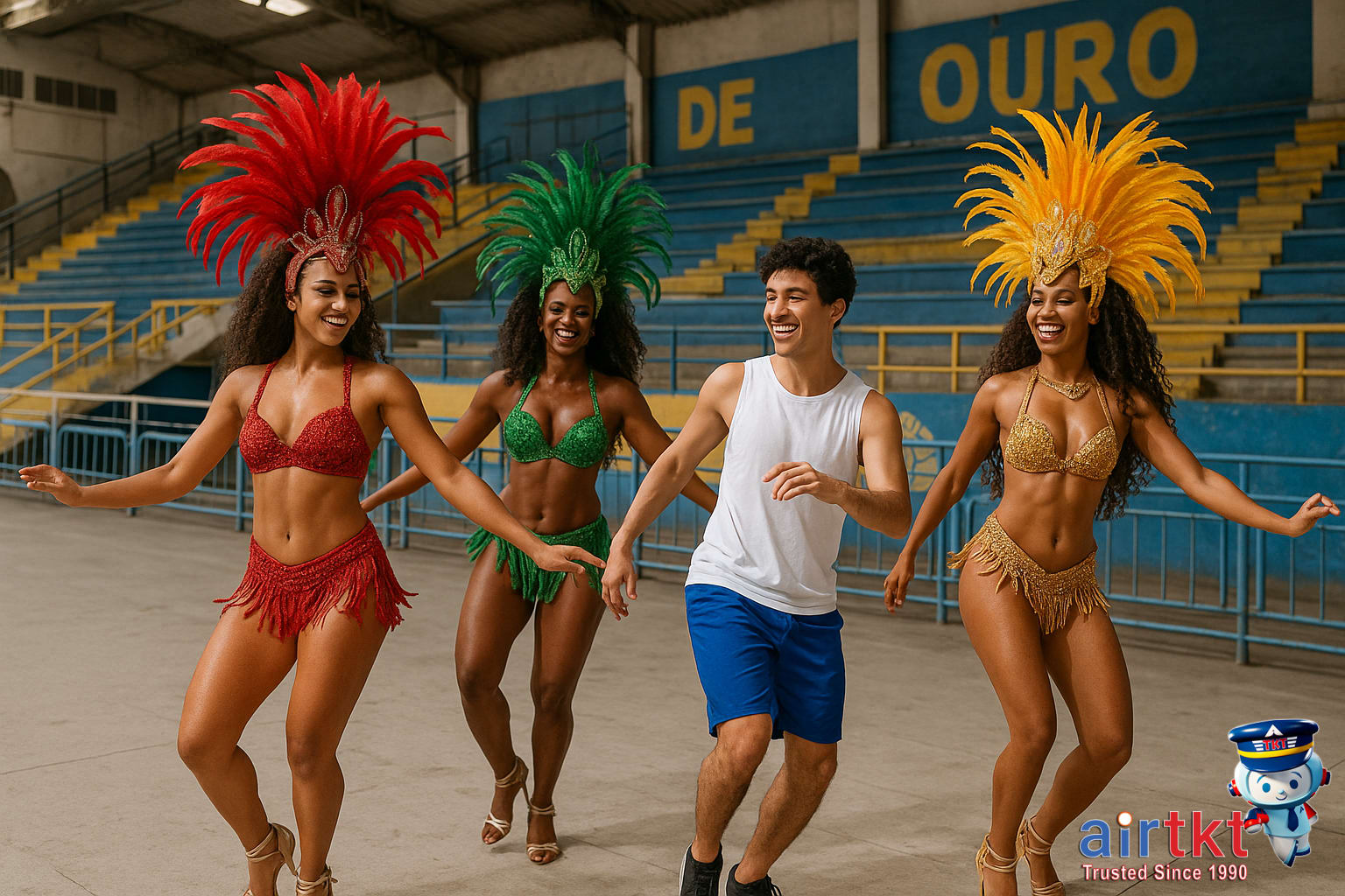 Samba dancers in Rio Carnival samba school rehearsal practicing choreography