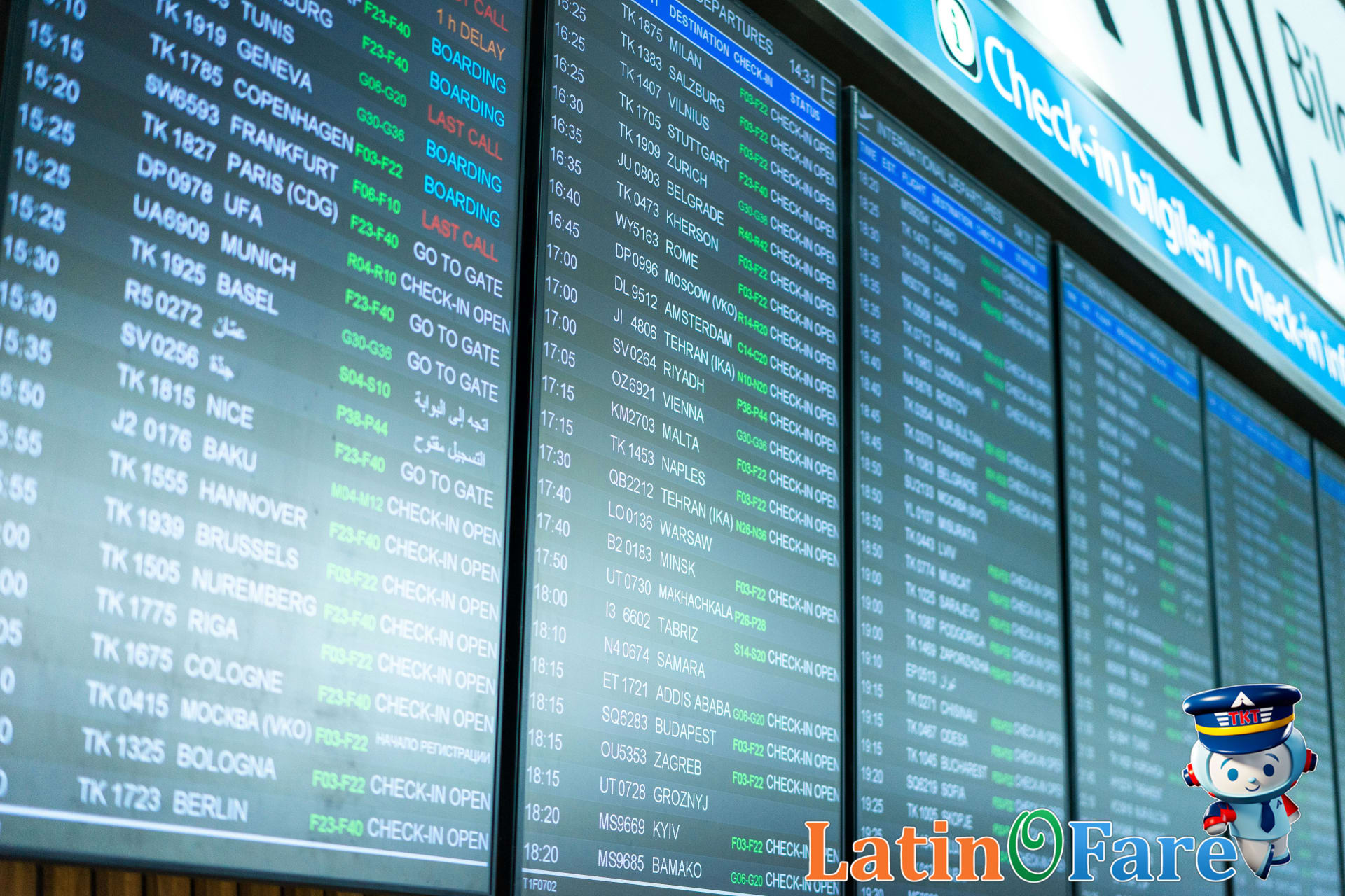 Airport terminal digital board displaying train and bus routes and fares to airport