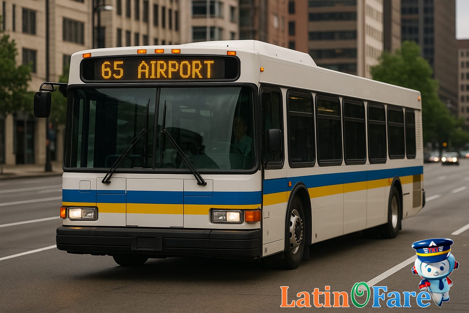 Airport bus connecting travelers using public transit to airport in a large city.