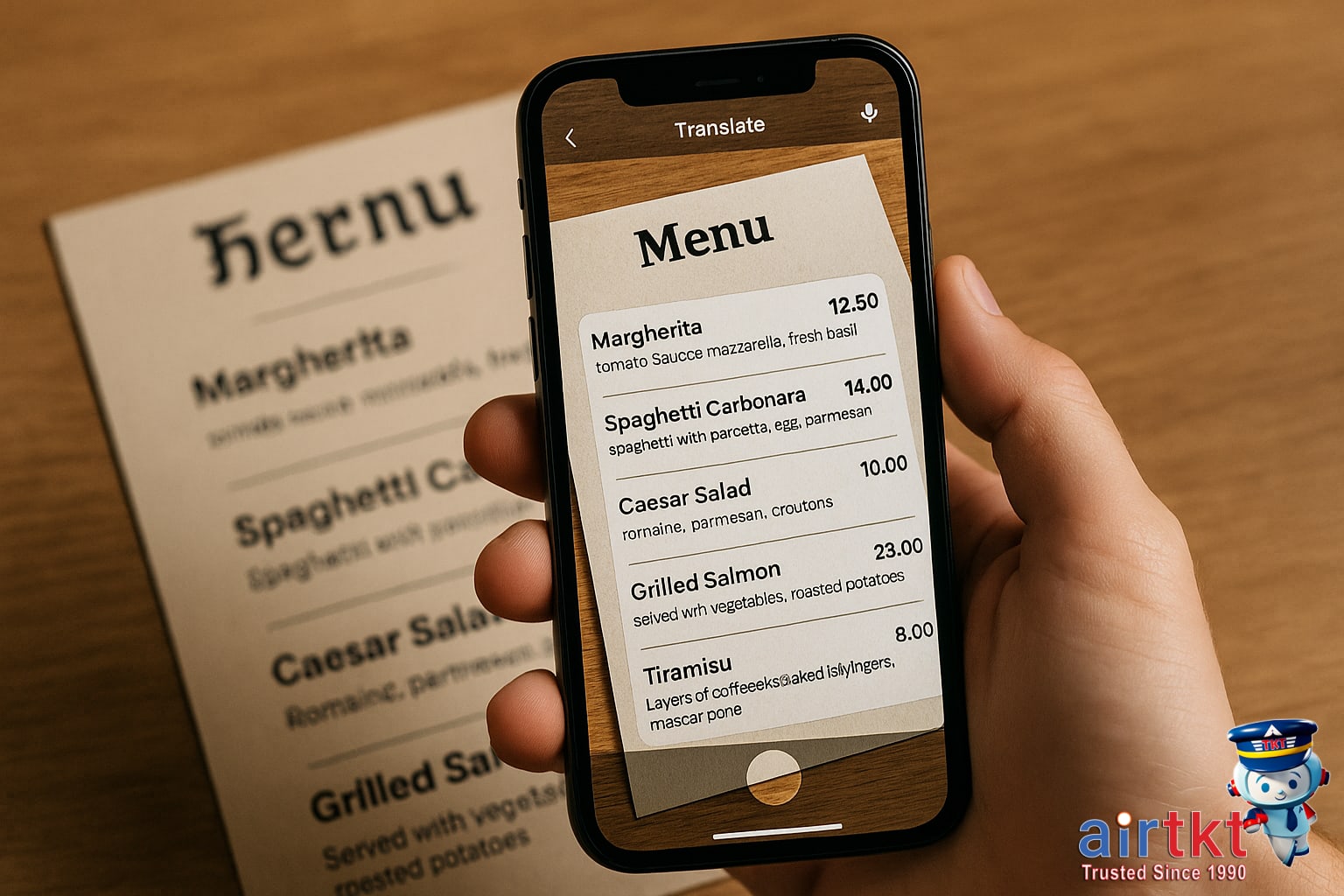 Camera translate app capturing foreign menu text on smartphone screen during travel