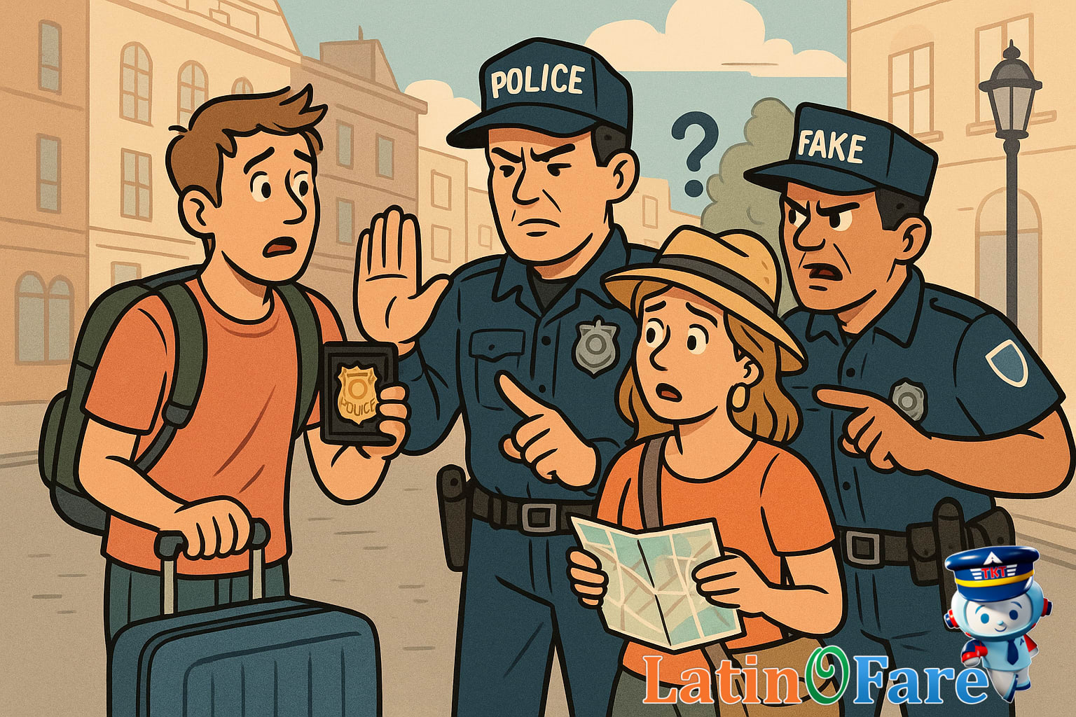 Tourists confronted by fake police, a dangerous scam in major tourist destinations.