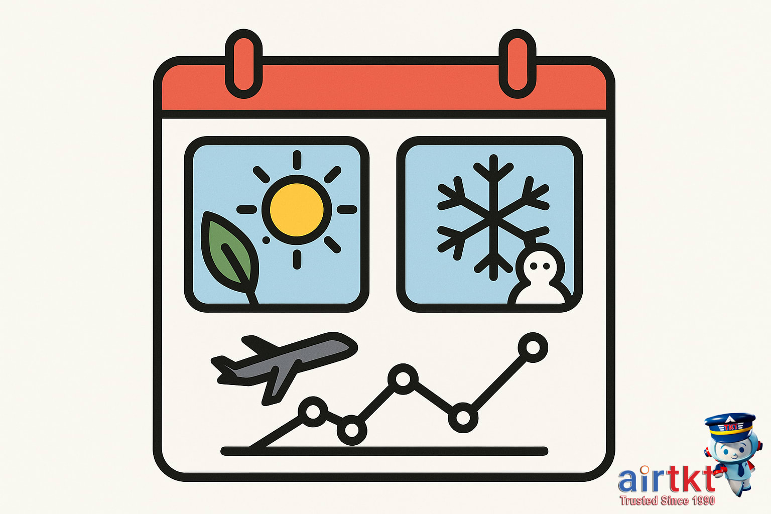 Seasonal effects on best time to book flights shown on a calendar with icons