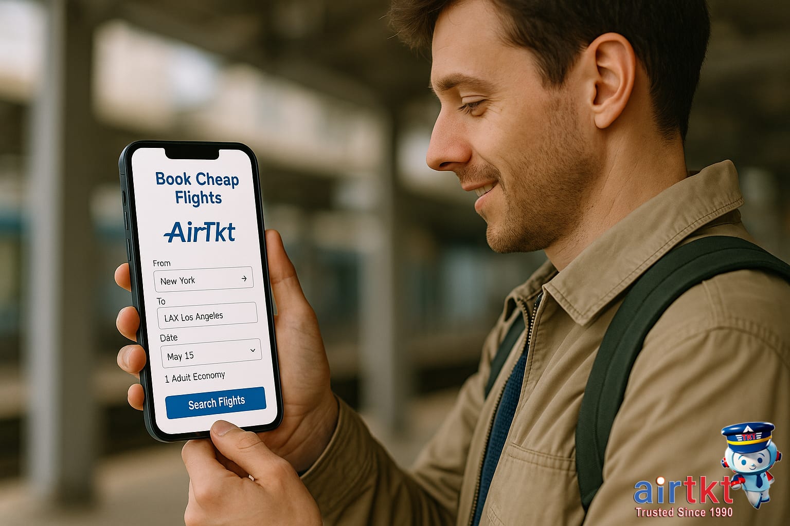 Traveler booking cheap flights on AirTkt using mobile phone app