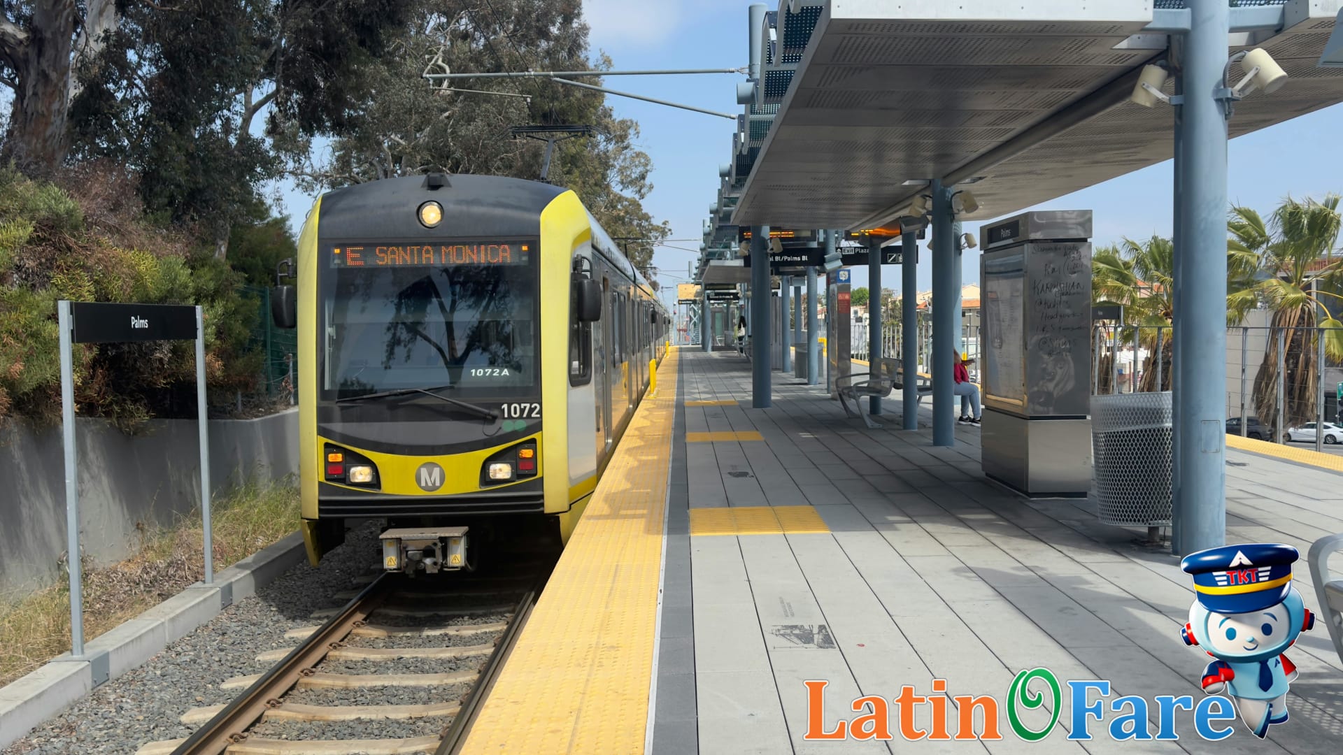 Los Angeles Metro train with palm trees and city skyline for LA transit guide