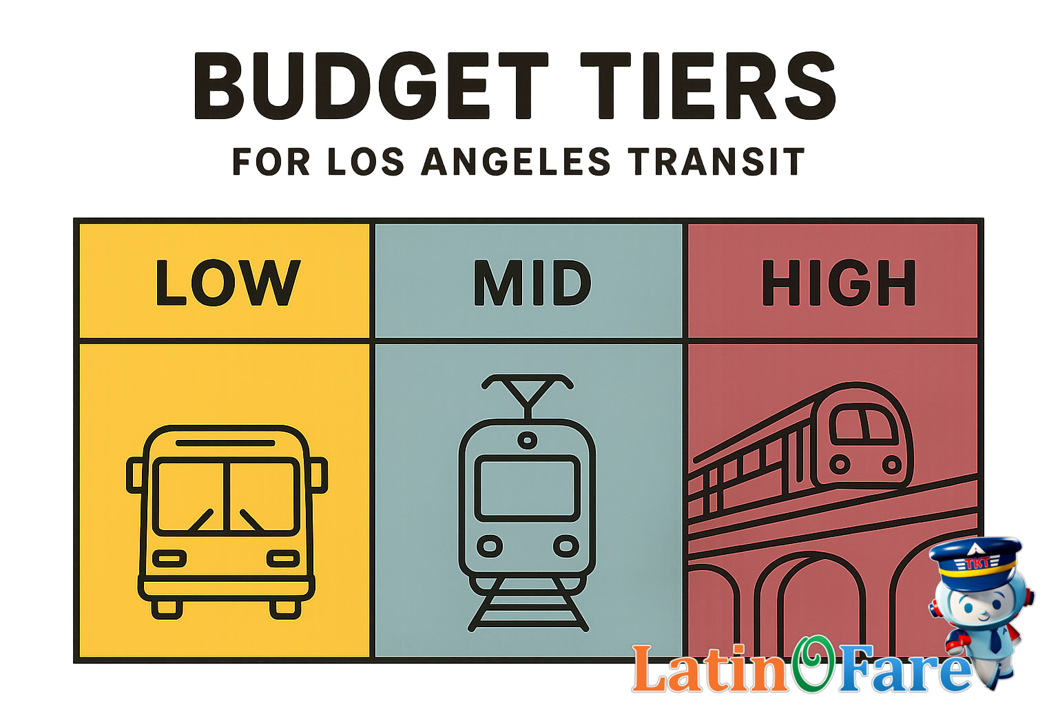 Budget overview for LA public transit and rideshare travel using three spending tiers.
