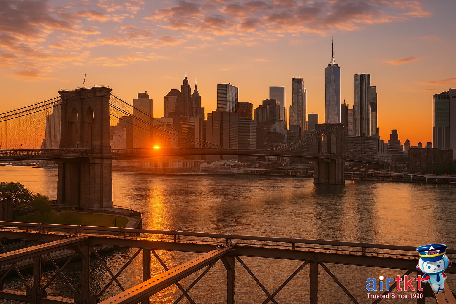Brooklyn Bridge at sunrise in New York City, with Manhattan skyline in background