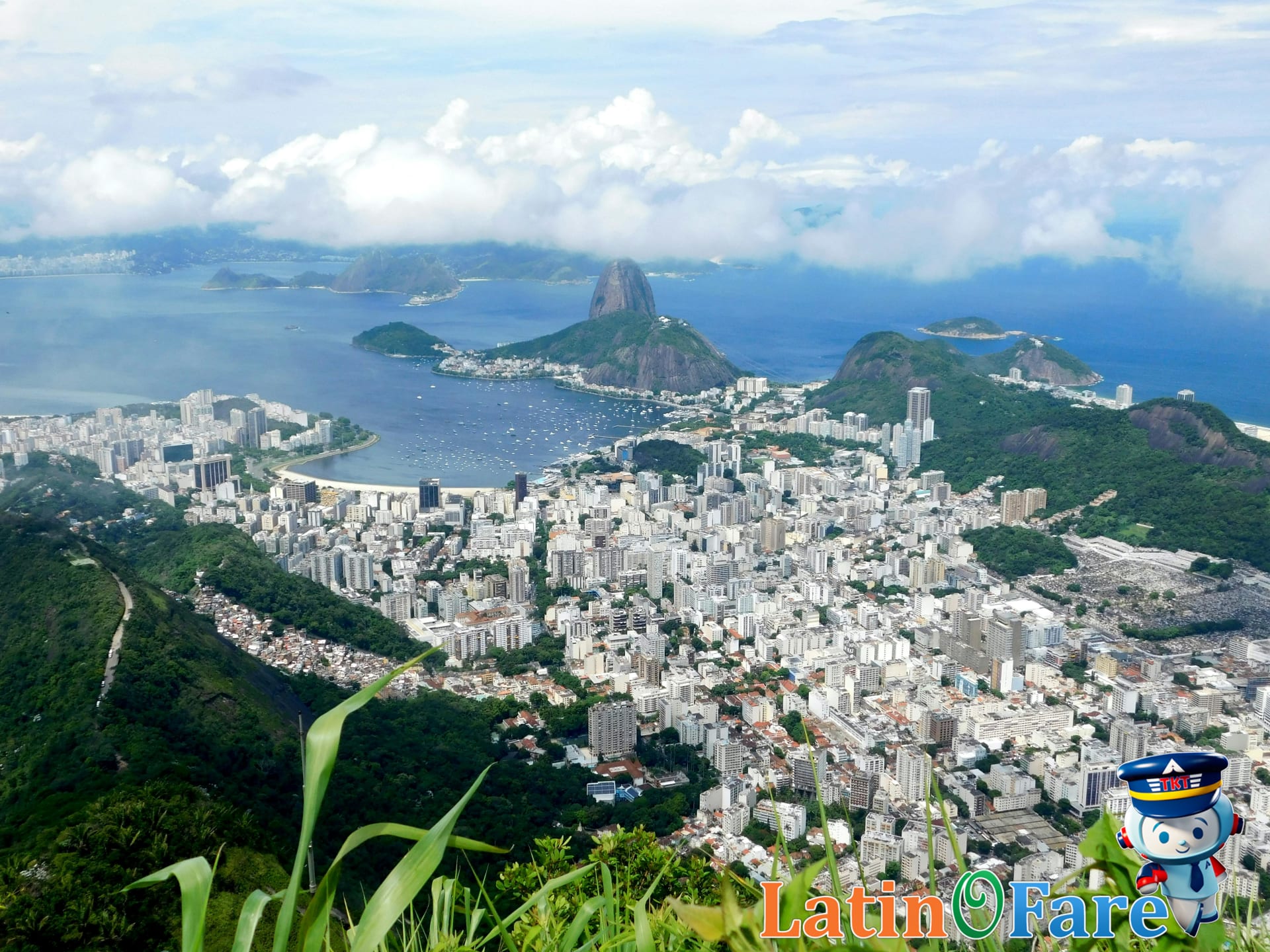 Rio de Janeiro cityscape decorated for Rio Carnival with banners and festive lights appearing