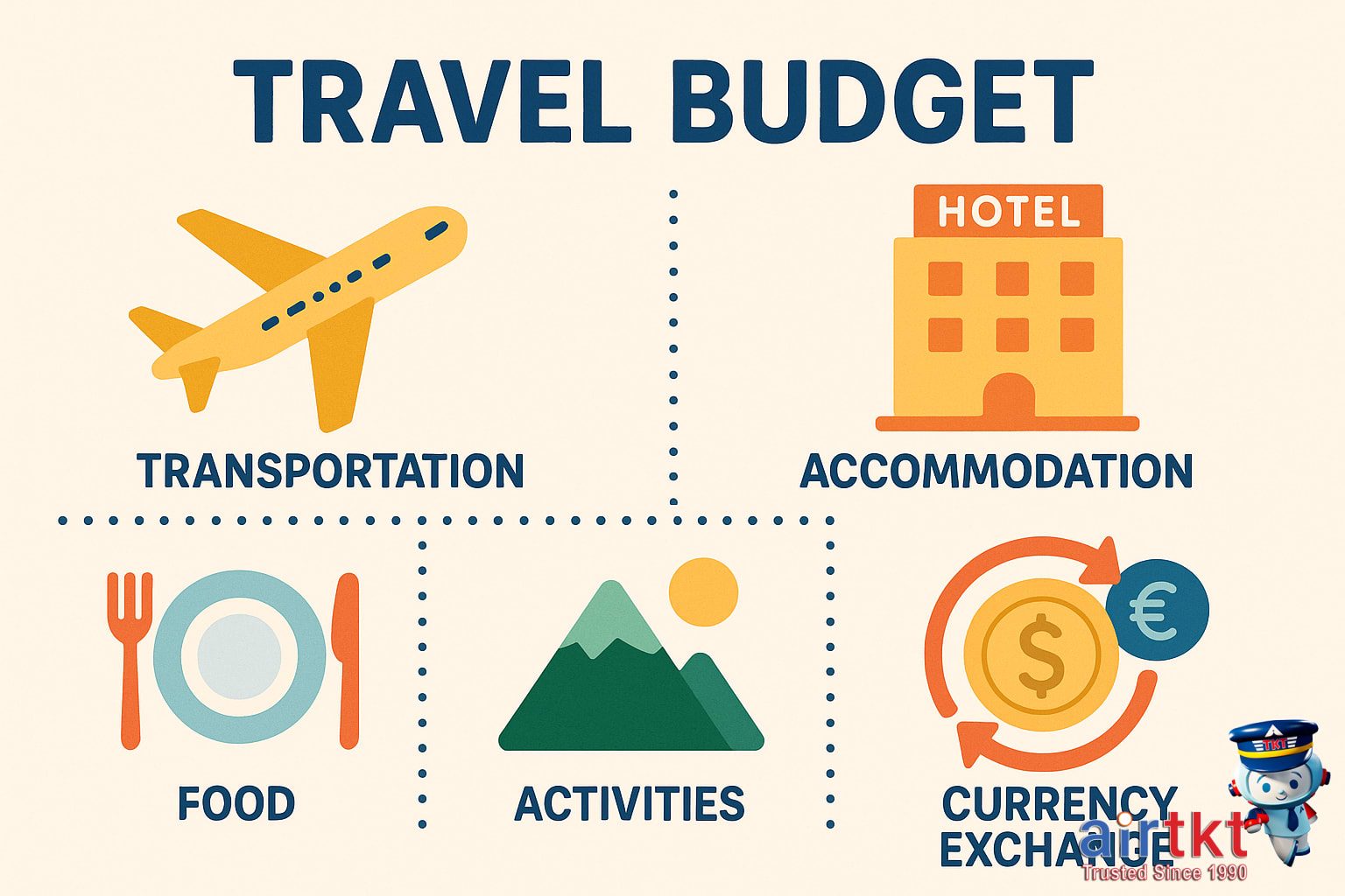 Travel budget infographic including currency exchange costs and travel expenses