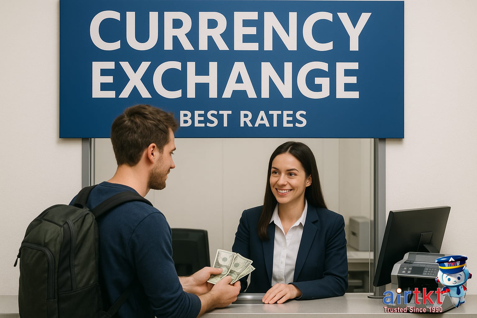 Bank currency exchange for best rates with traveler at counter