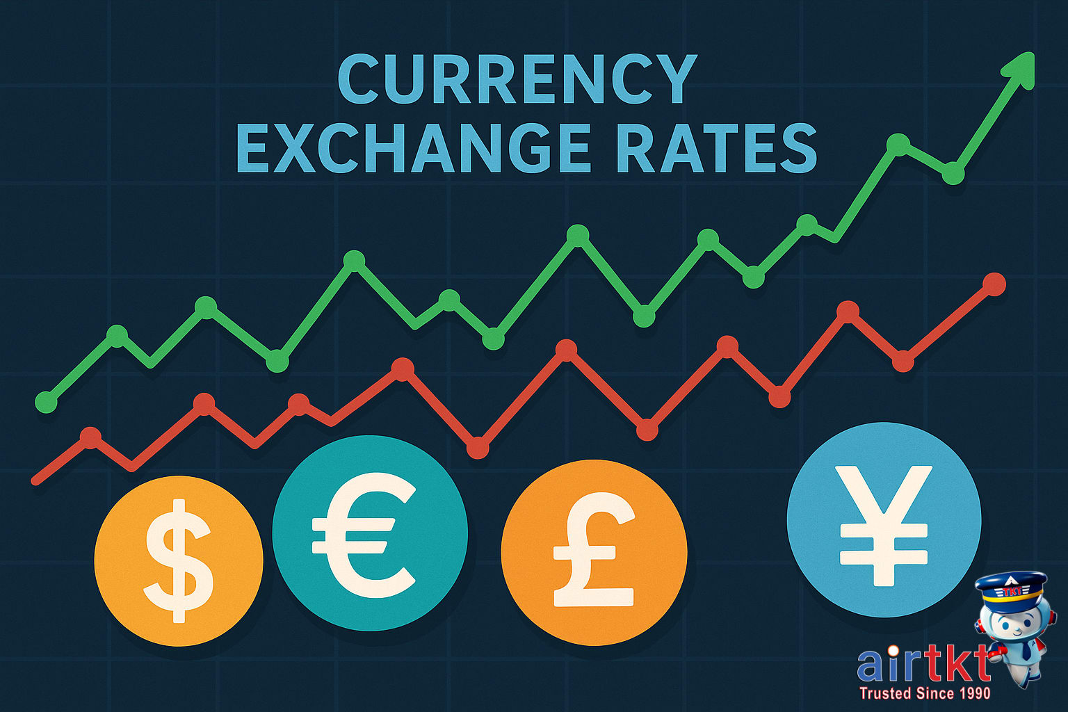 Currency exchange rates concept with currency symbols and exchange graphs