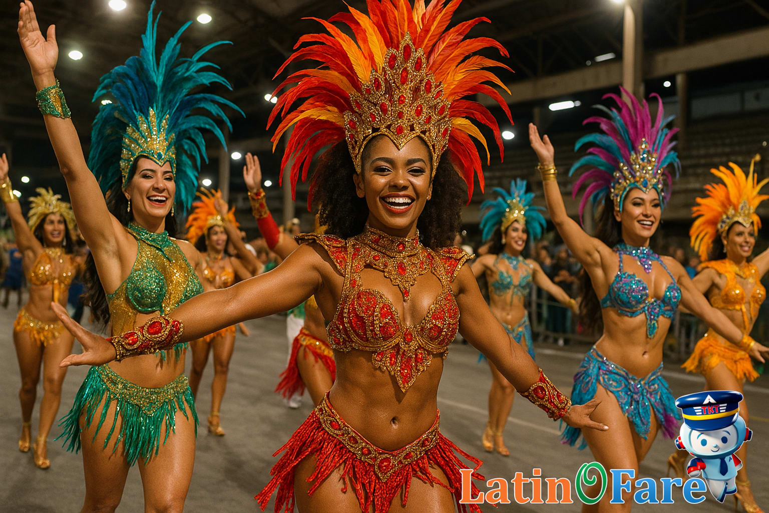 Samba school rehearsal in Rio at night with dancers practicing for the Carnival parade.