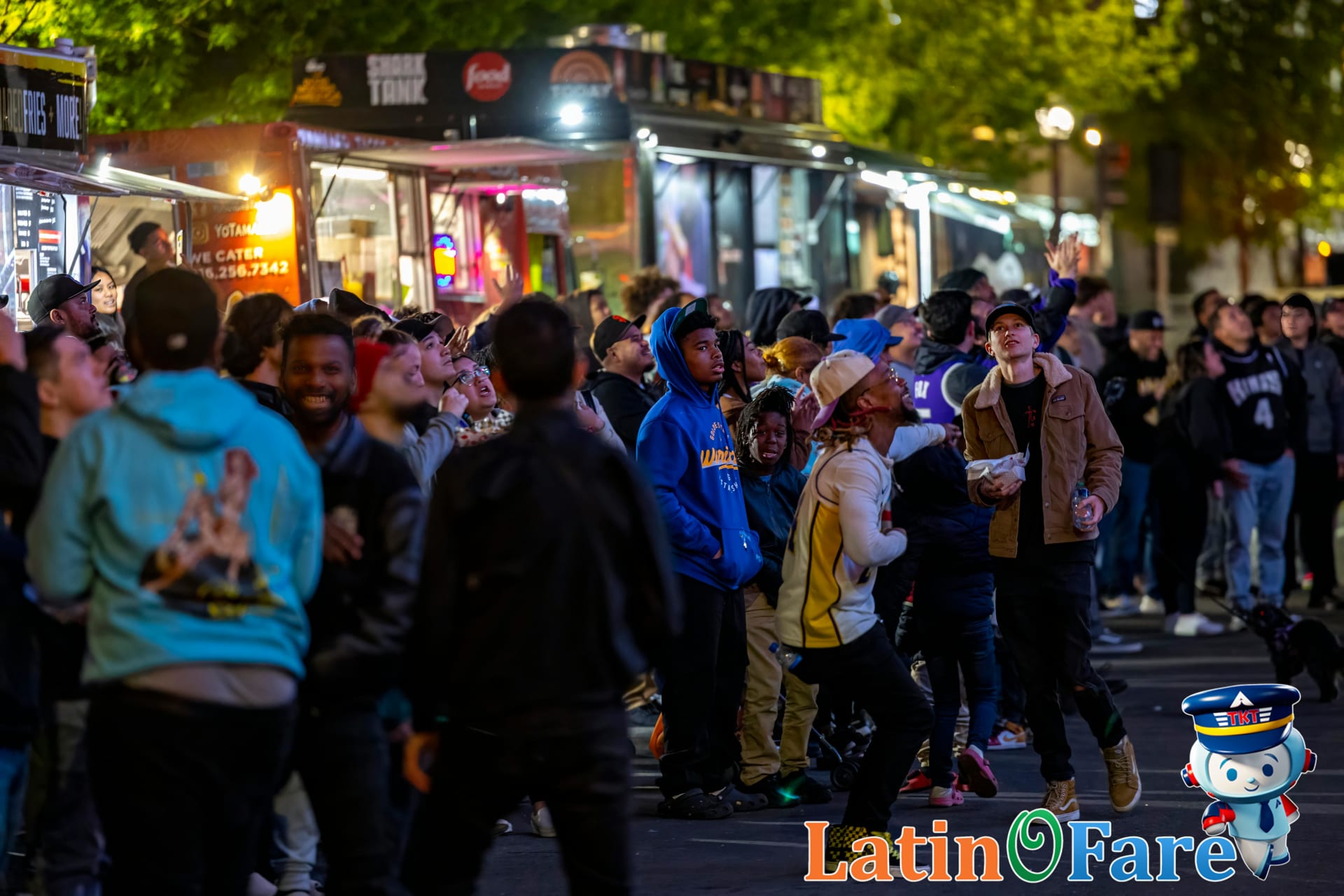 Creative SXSW pop-up party scene with Austin food trucks, live music, and festival-goers at night.