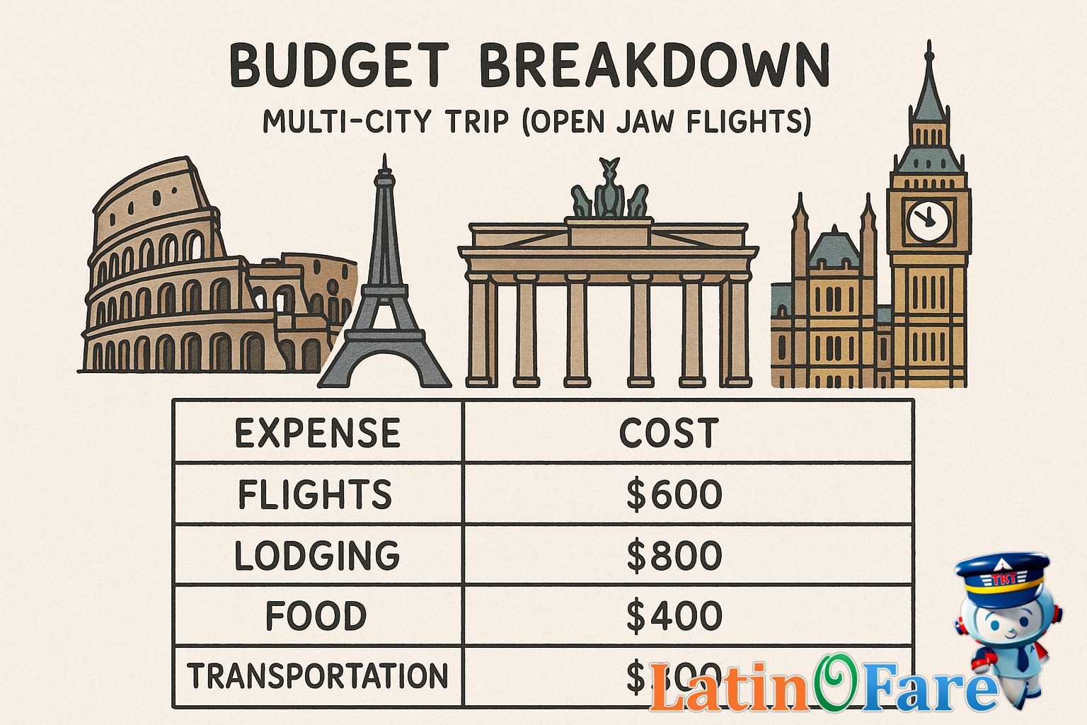 Budget breakdown for a multi-city trip using open-jaw flights and projected expenses.