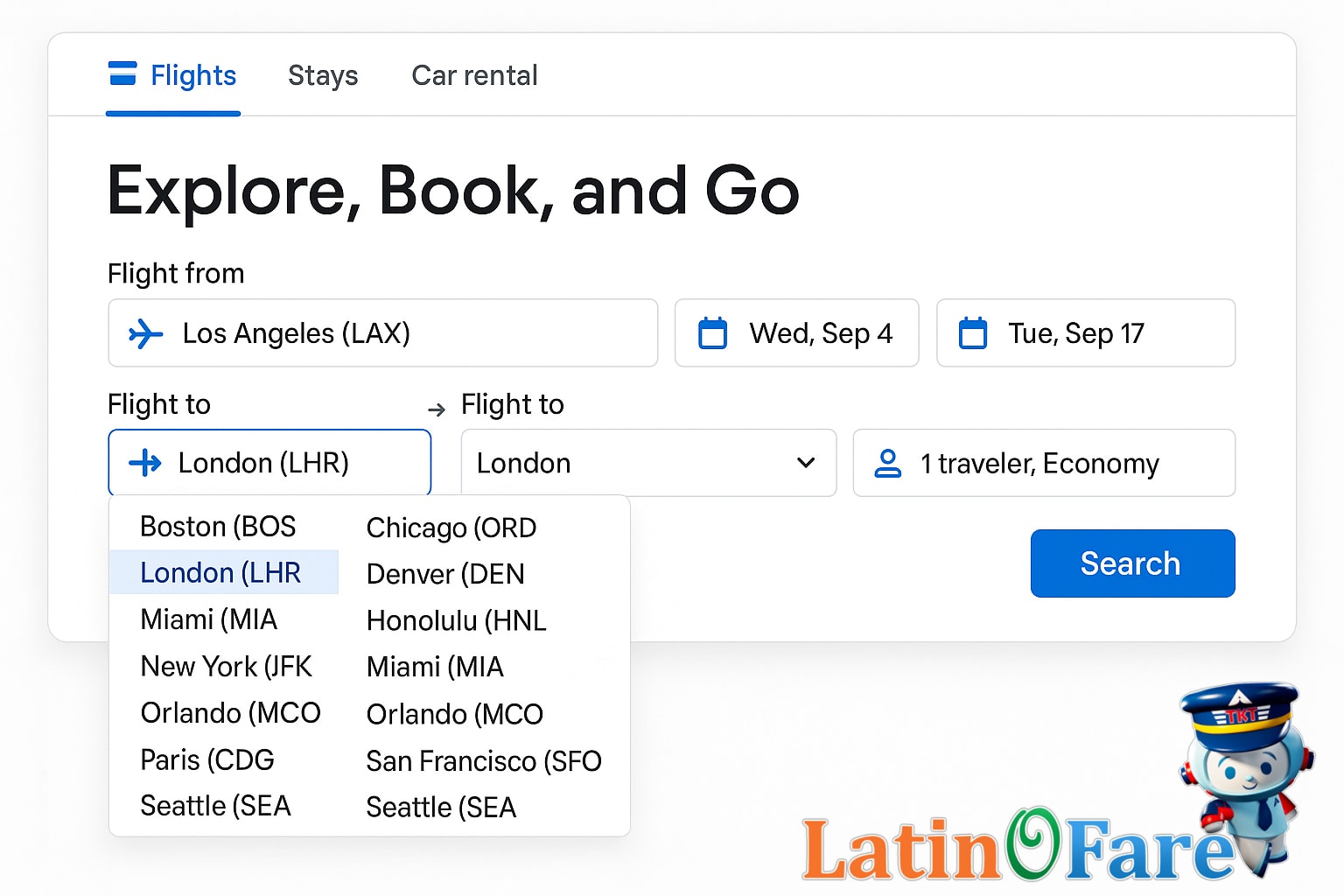 Selecting open-jaw flight options on an online travel agency booking screen