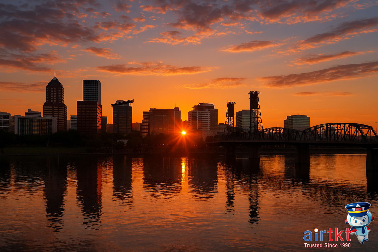 Willamette River scenic views in Portland Oregon at dusk with city skyline