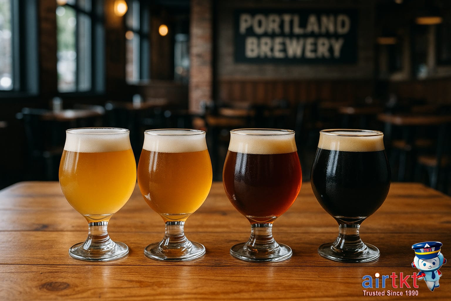 Craft beer tasting in Portland Oregon showcasing local brews on wooden table