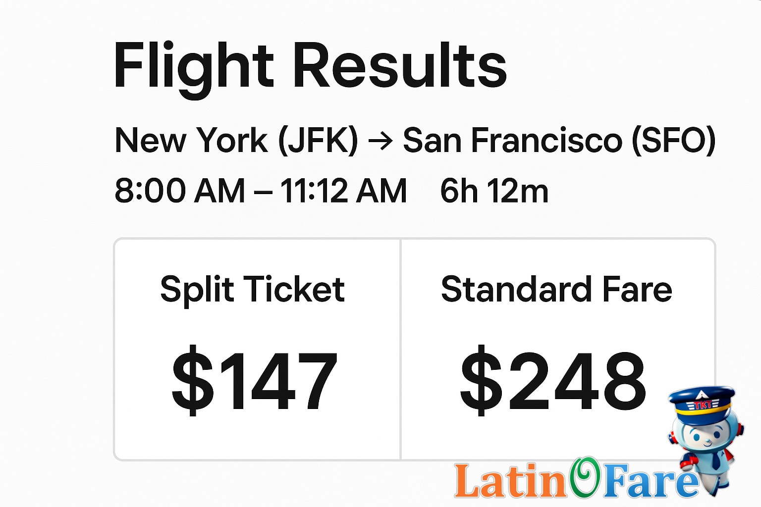 Flight search results compare split ticket and standard fares for flights.