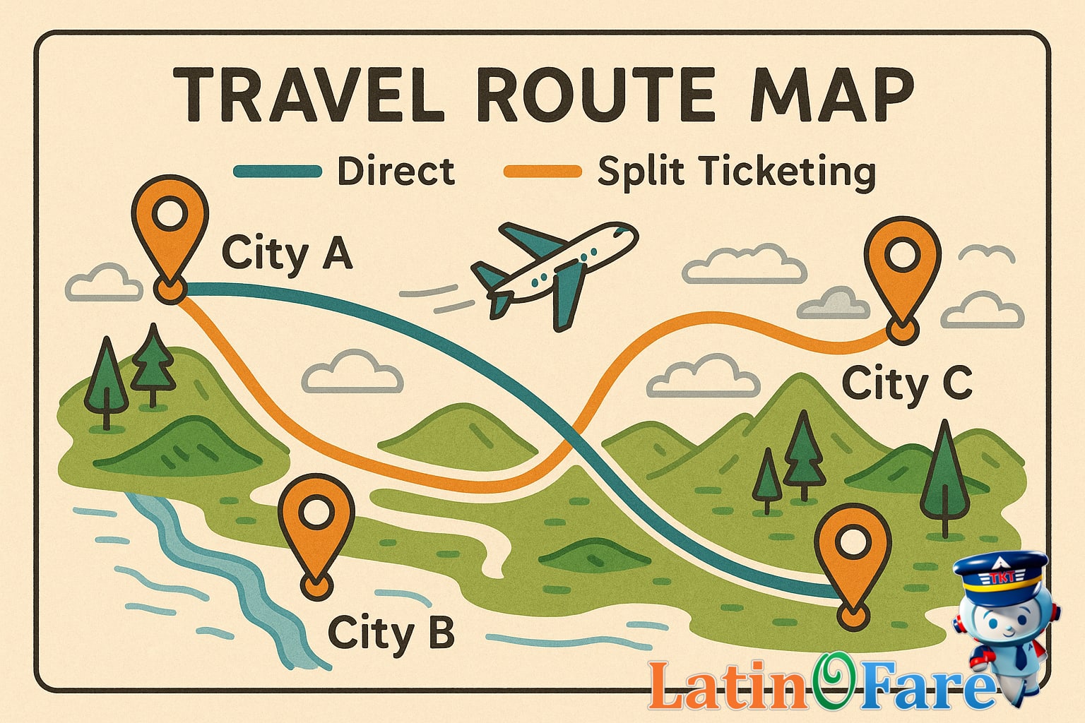 Illustrated travel route showing split ticketing and direct ticket options on a map