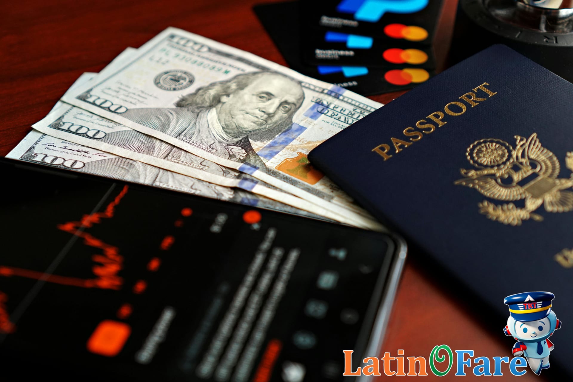 Budget planning for a Mediterranean summer beach trip with U.S. dollars, passport, and calculator.