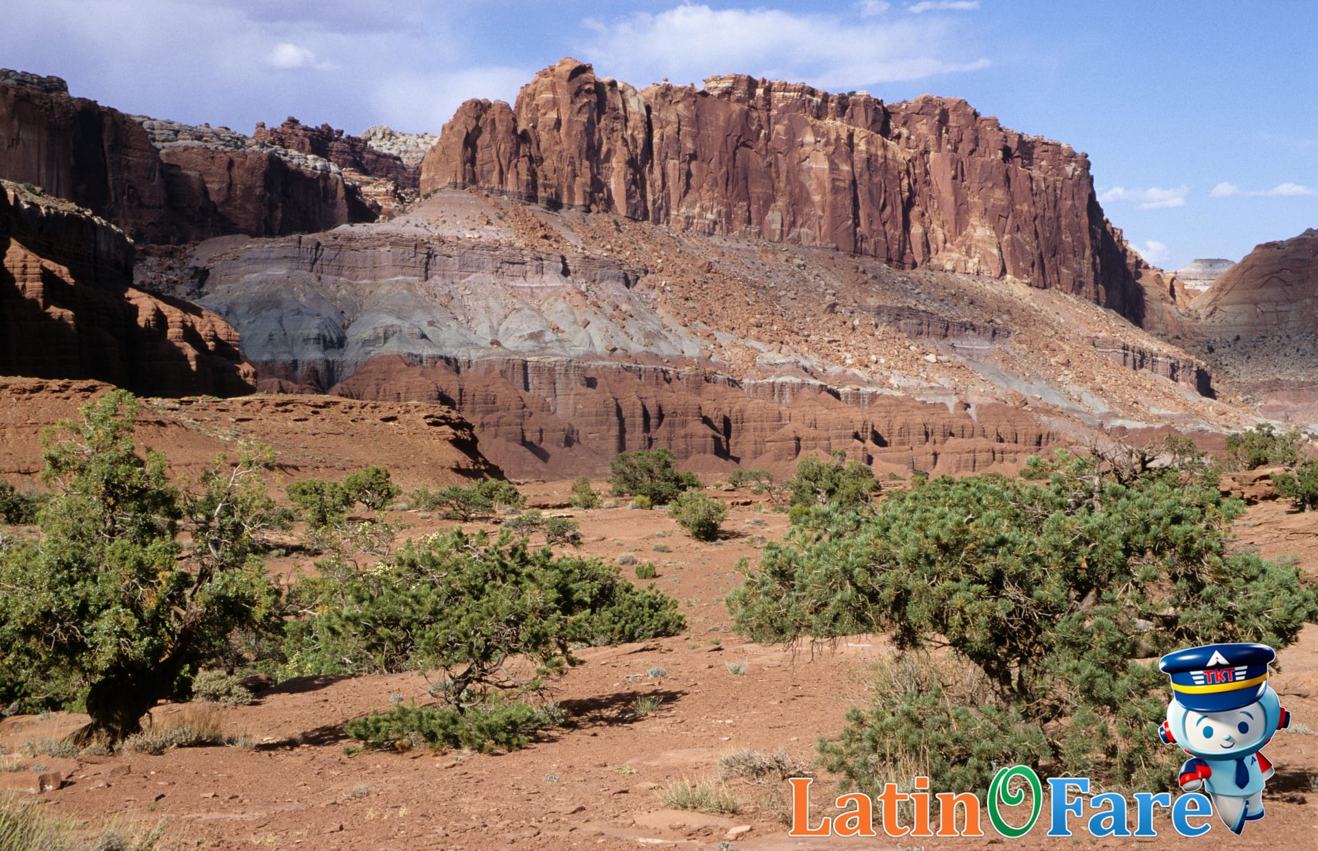 Historic orchards, Gifford Homestead and cliffs in Capitol Reef National Park, Utah.