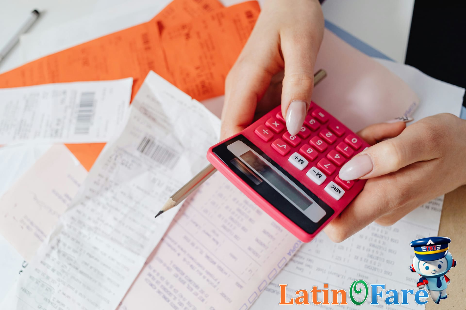 Traveler calculating tax refunds and savings after shopping overseas on bed with receipts