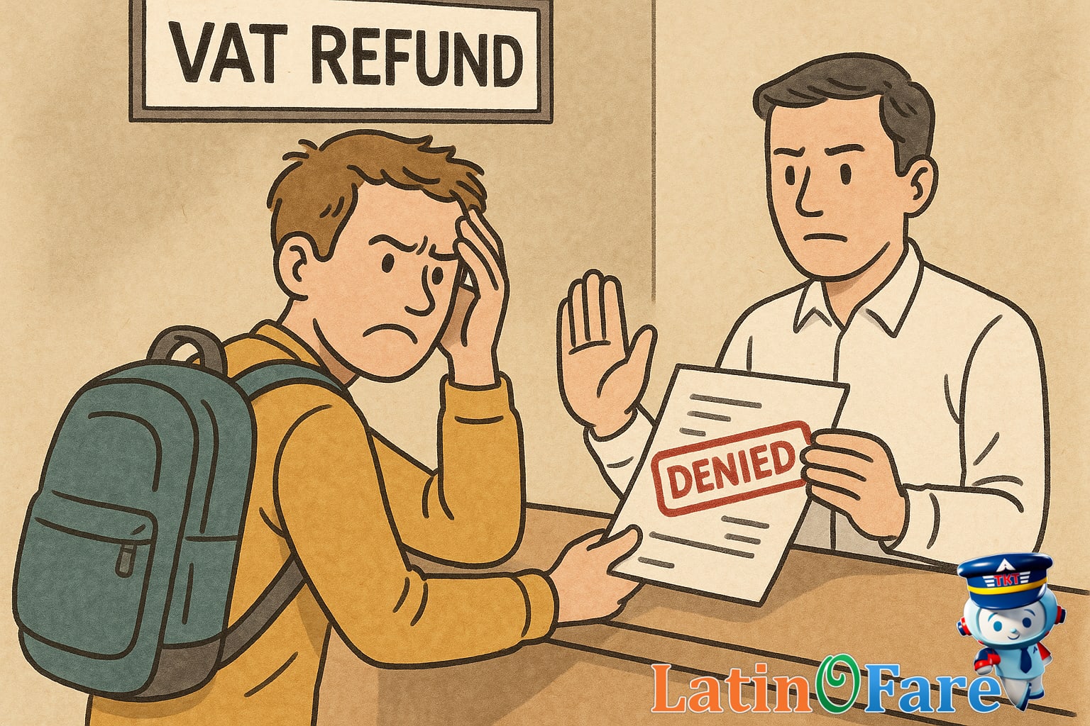Traveler frustrated after VAT refund claim mistake with paperwork and store receipts abroad