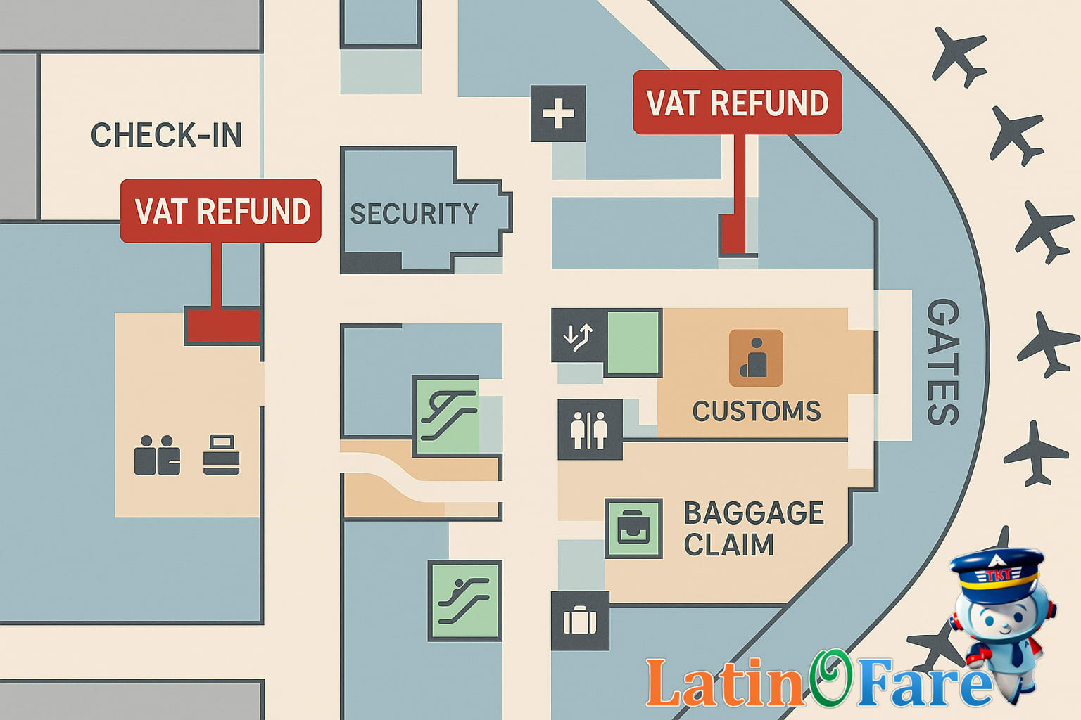 Airport map showing VAT refund counter locations for travelers seeking refunds