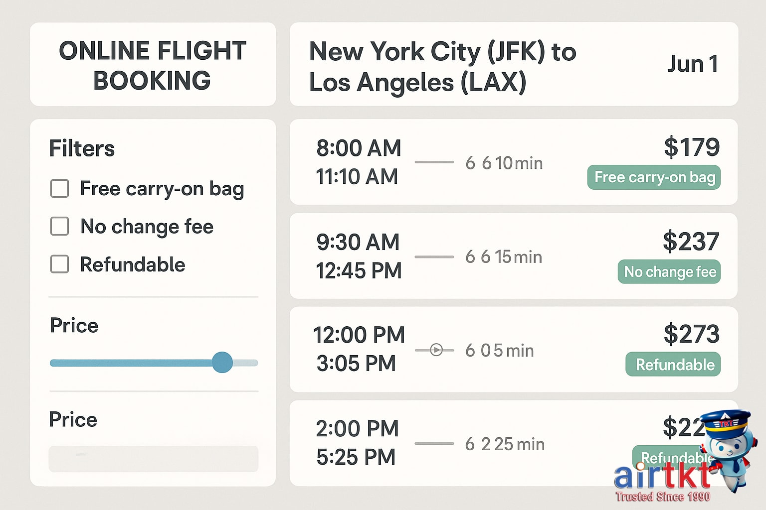 Online flight booking screen with cost-saving features for budget and premium airfare options
