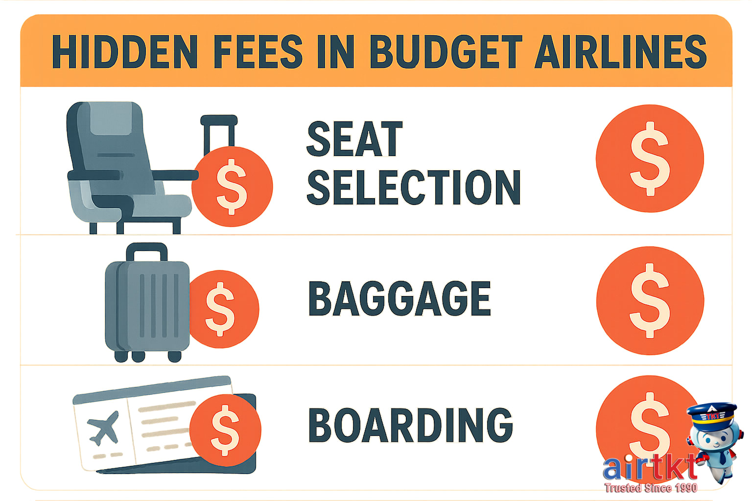 Infographic detailing hidden fees in budget airlines including seat and boarding fees