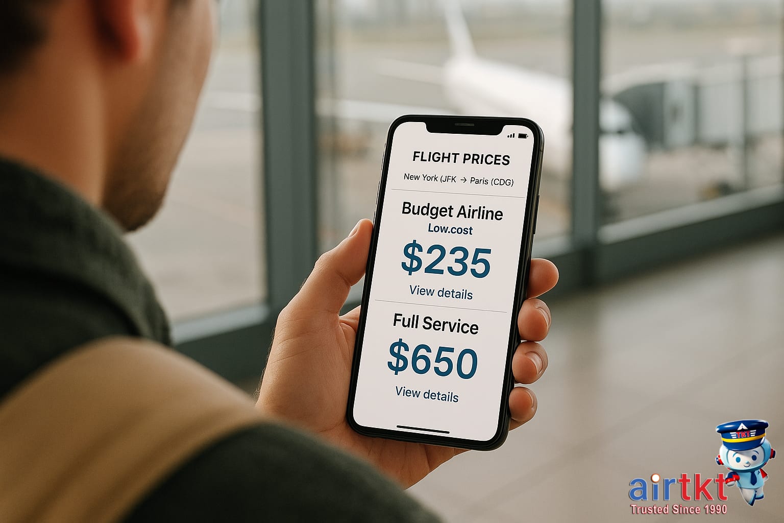 Traveler using mobile app to compare budget airlines and full-service flight prices