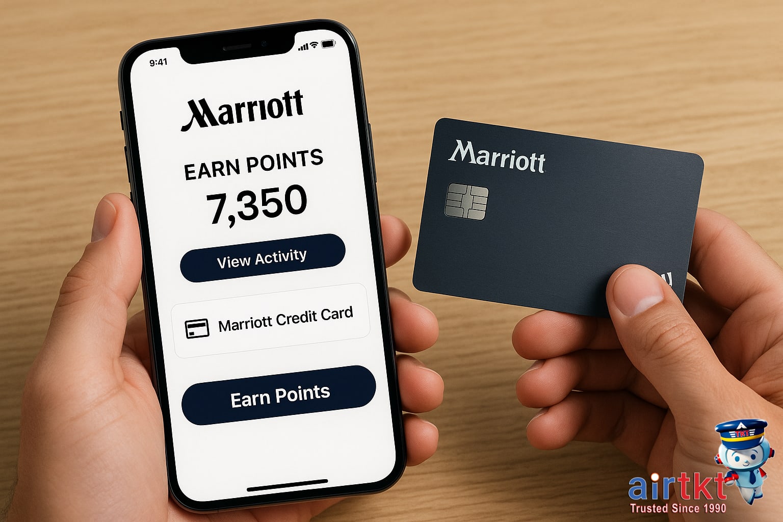 Earn Marriott Bonvoy points with credit card and app on smartphone.