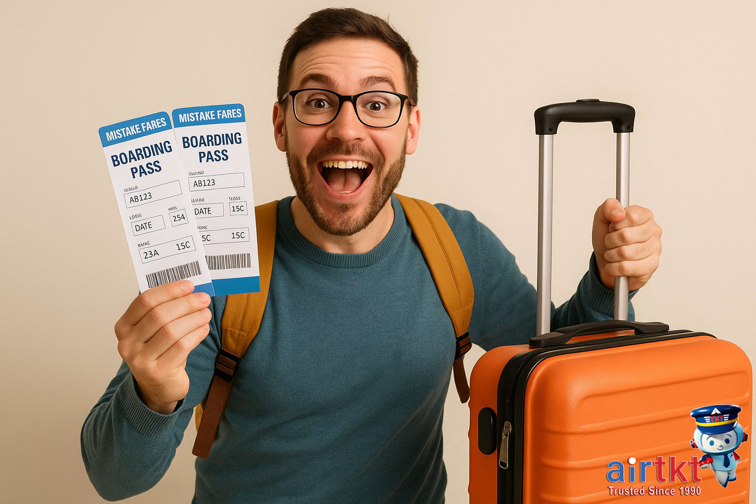 Excited traveler ready to fly after booking mistake fares with luggage