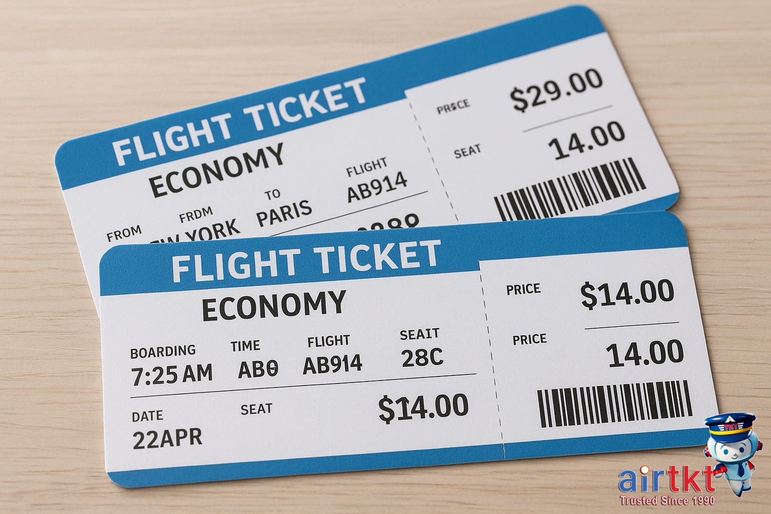 Flight tickets showing common mistake fare types with price errors