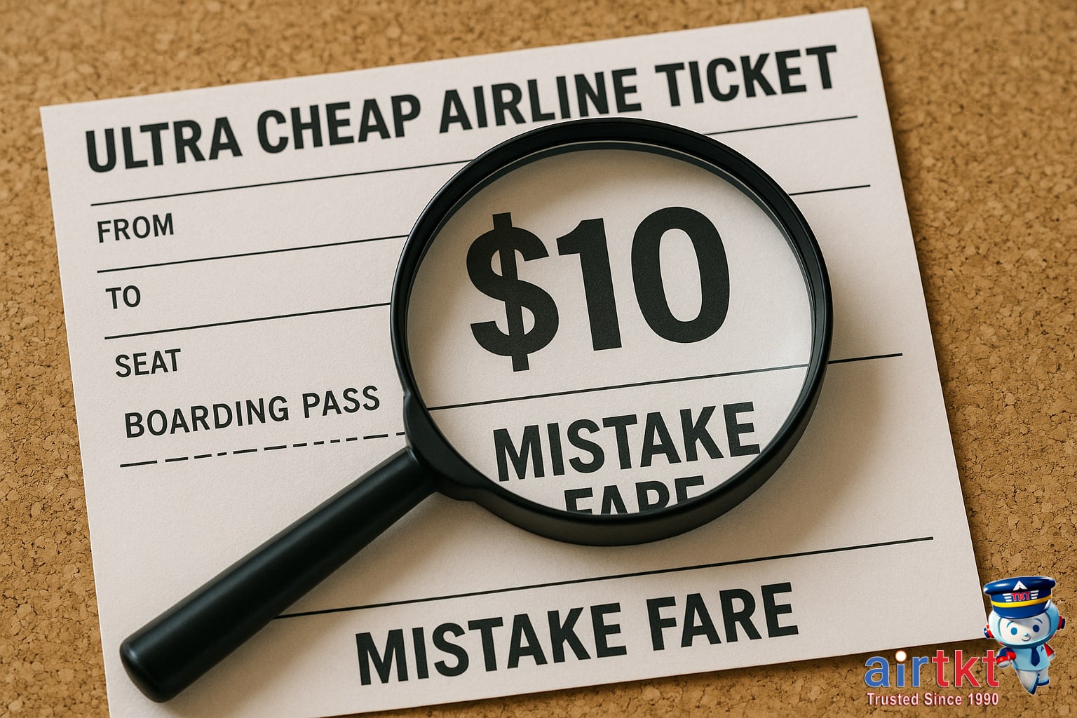 Magnifying glass highlighting ultra-cheap mistake fare price on ticket