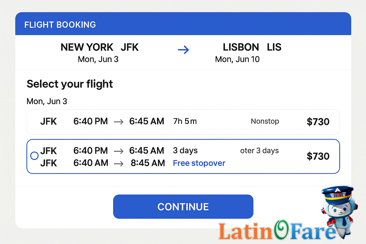 Flight booking website screen displaying option to add free stopover in itinerary