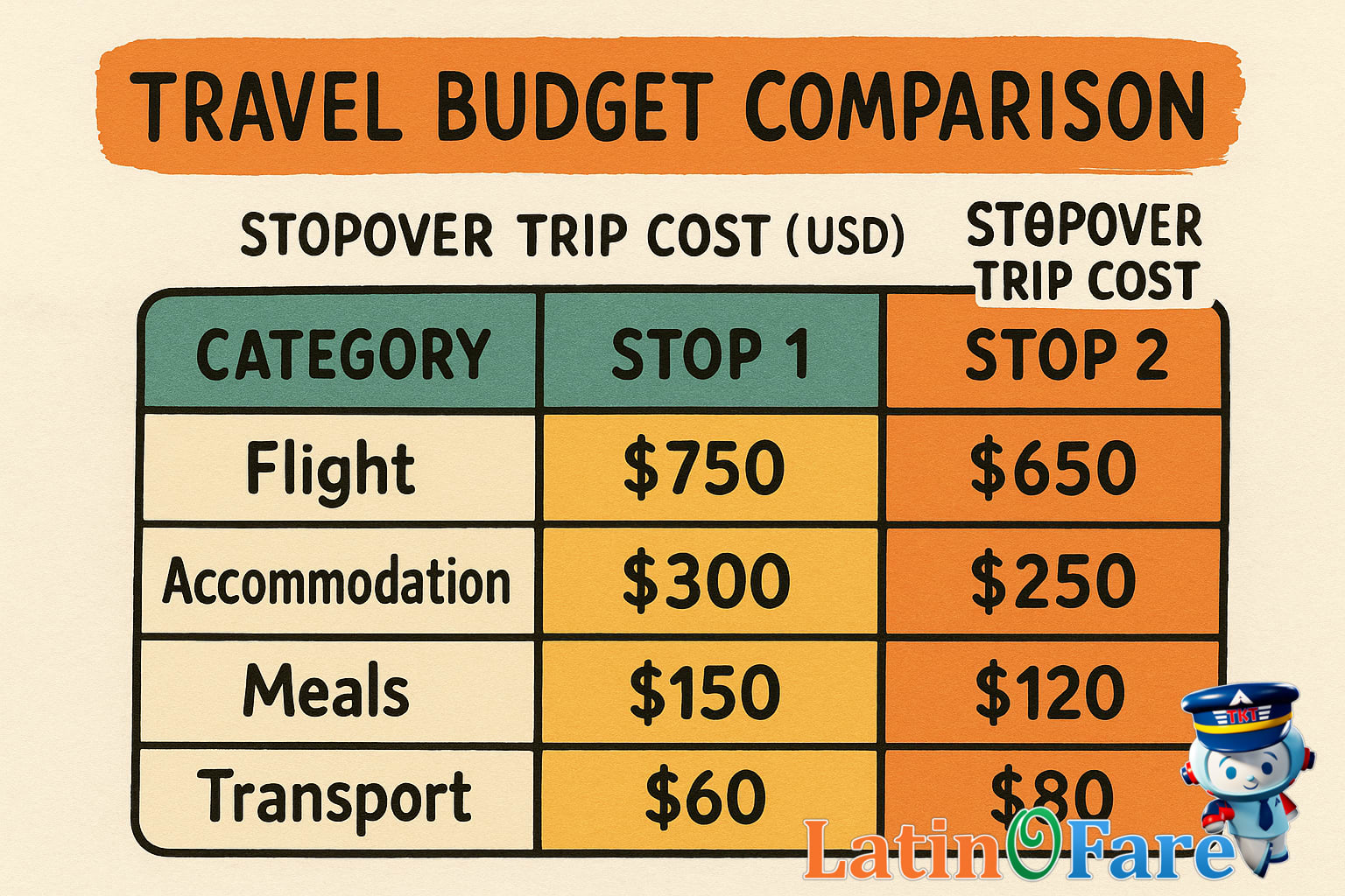 Stylized travel budget comparison table showing costs for stopover trips in USD