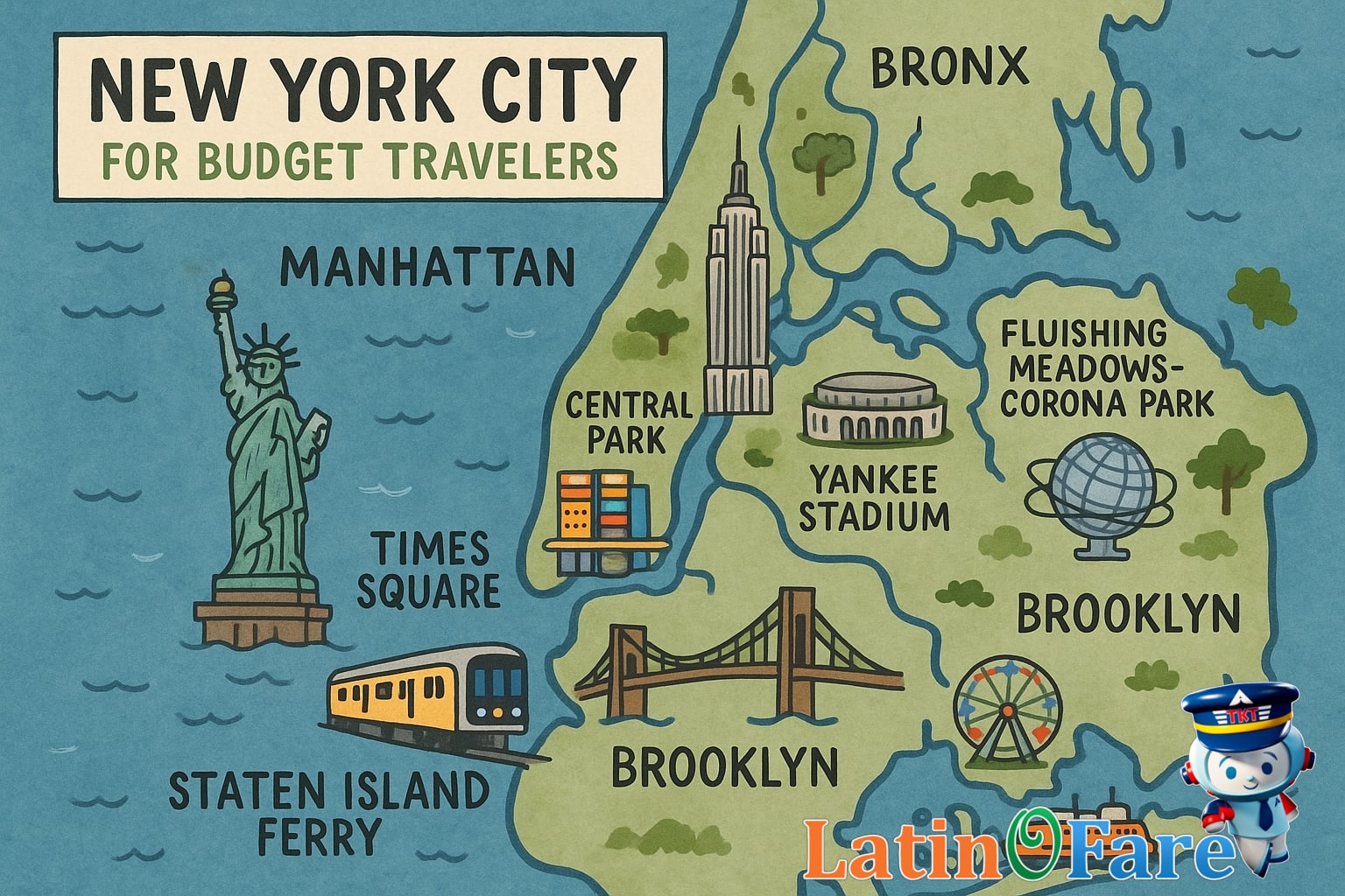 Illustrated New York City map with major attractions for budget travelers.