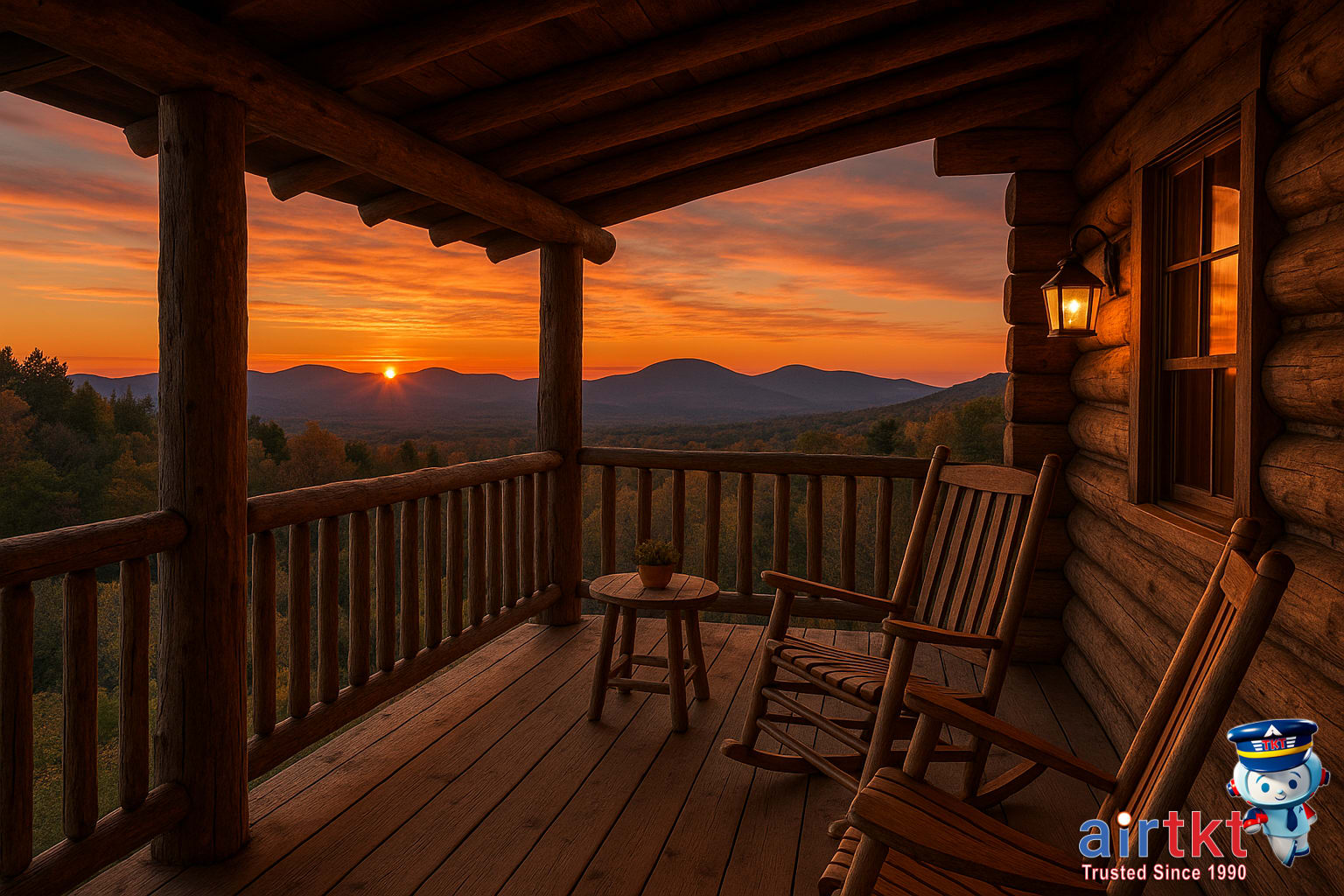 Cozy Catskills cabin porch with mountain view at sunset.