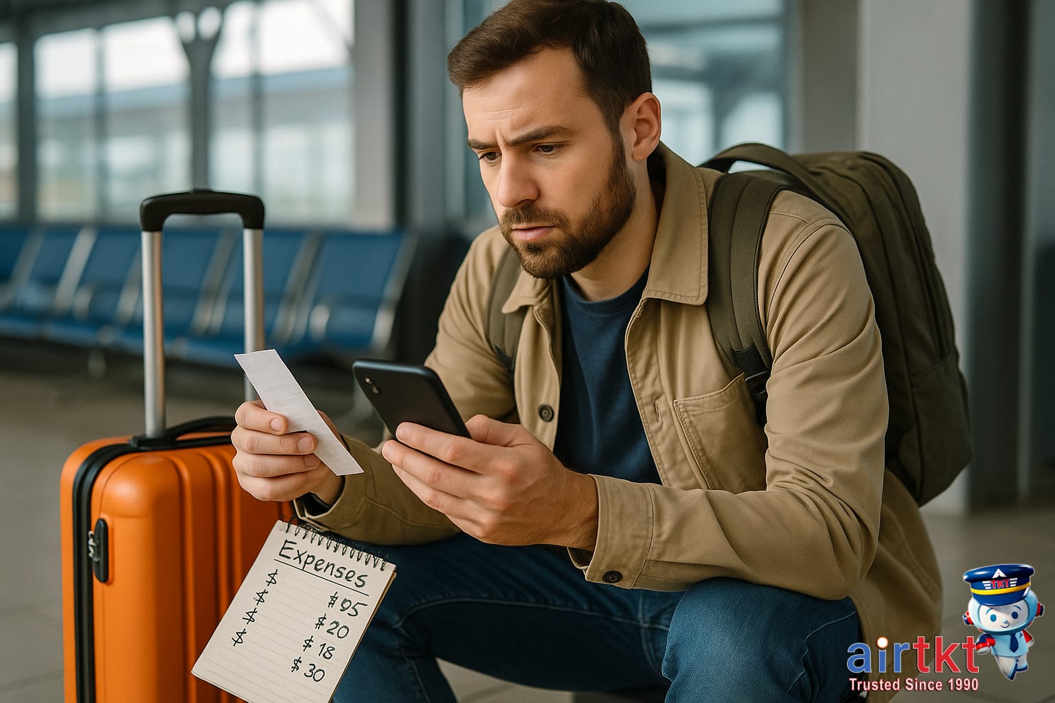 Traveler budgeting during unexpected travel delay with luggage and smartphone