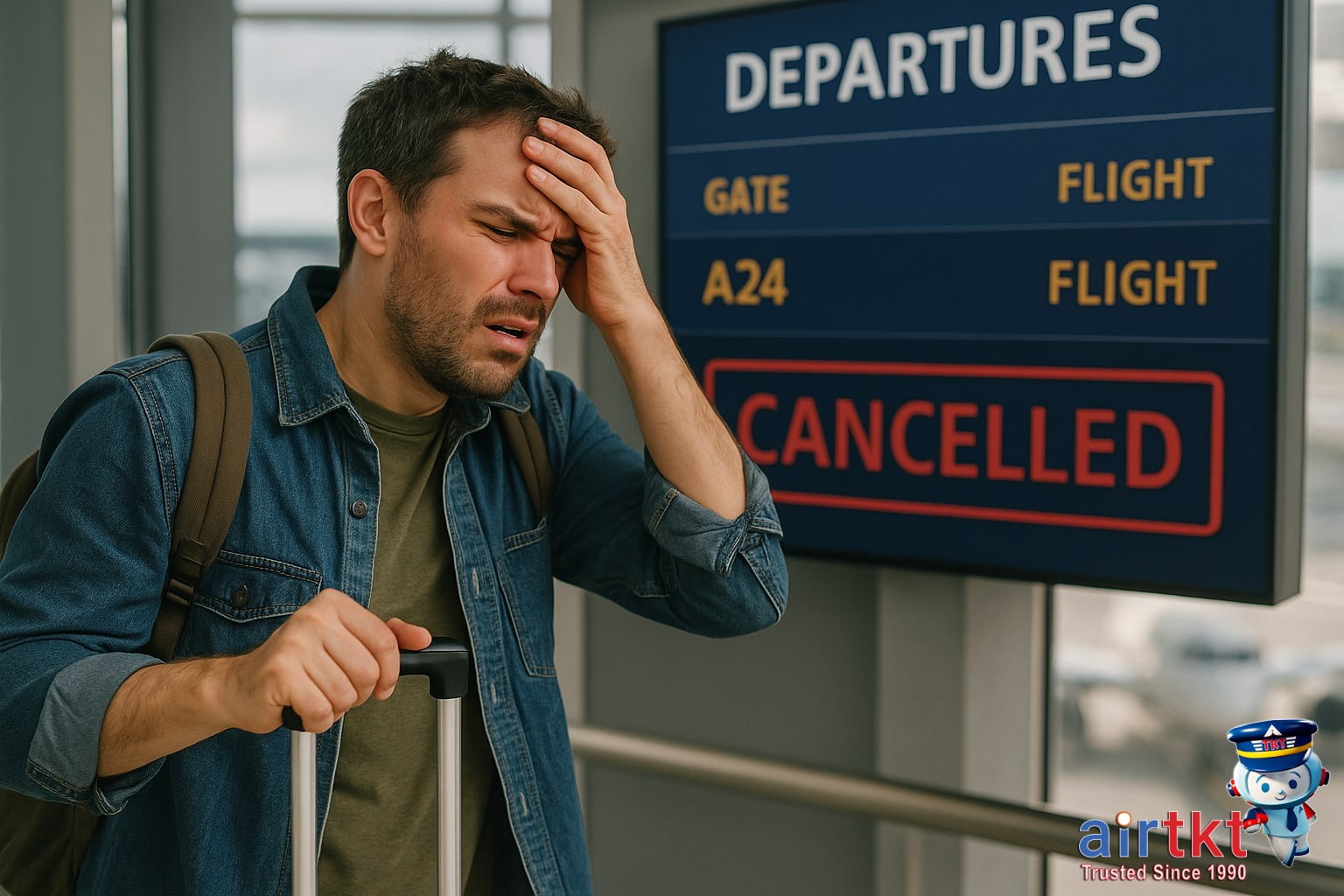Traveler reacting to flight cancellation at the airport gate with disappointment