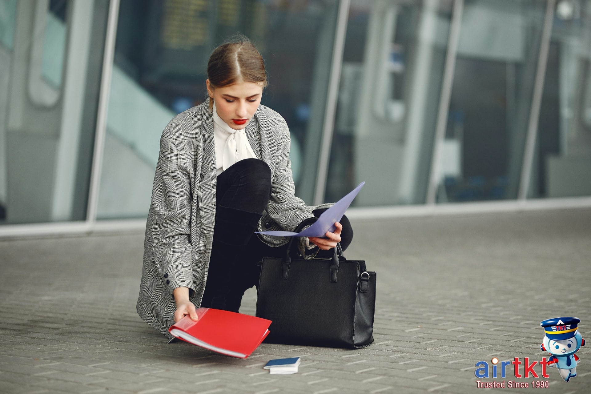 Traveler reviewing travel insurance documents before trip in hotel room