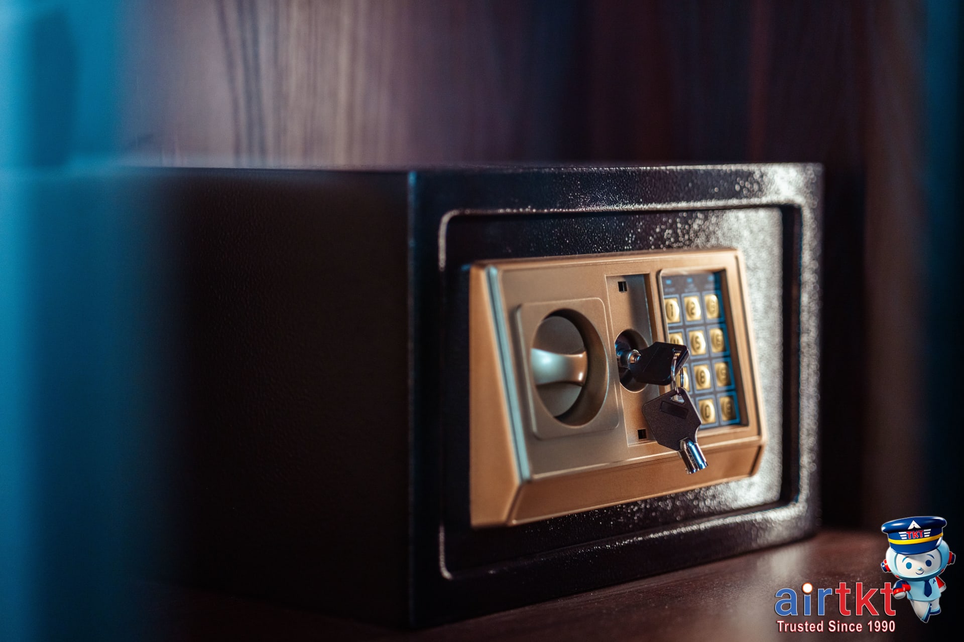 Traveler placing valuables securely inside hotel electronic safe box