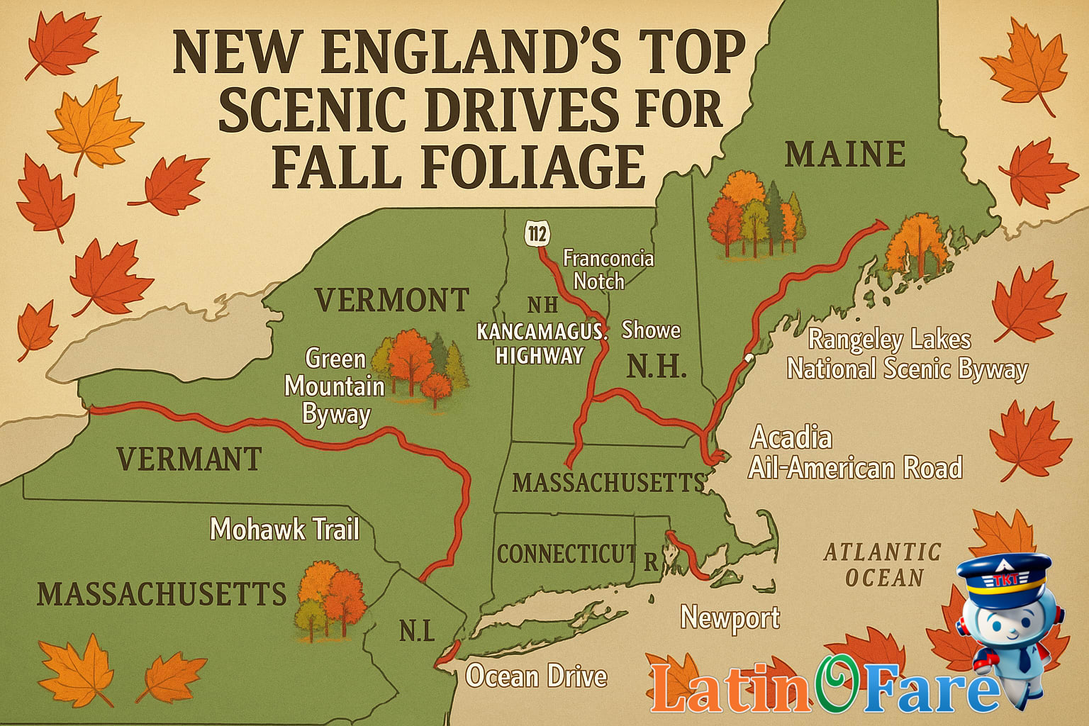 Map of top New England scenic drives for autumn foliage and leaf peeping
