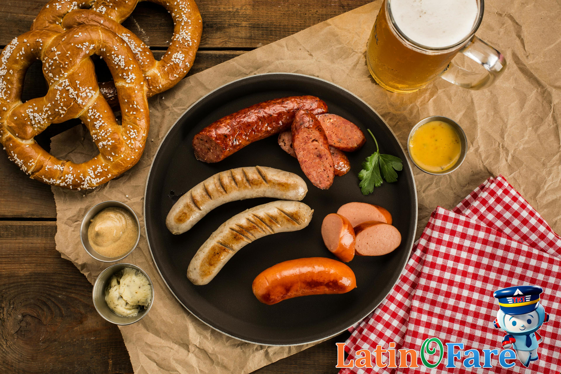 Pretzels roasted chicken and large beer steins on Munich Oktoberfest table